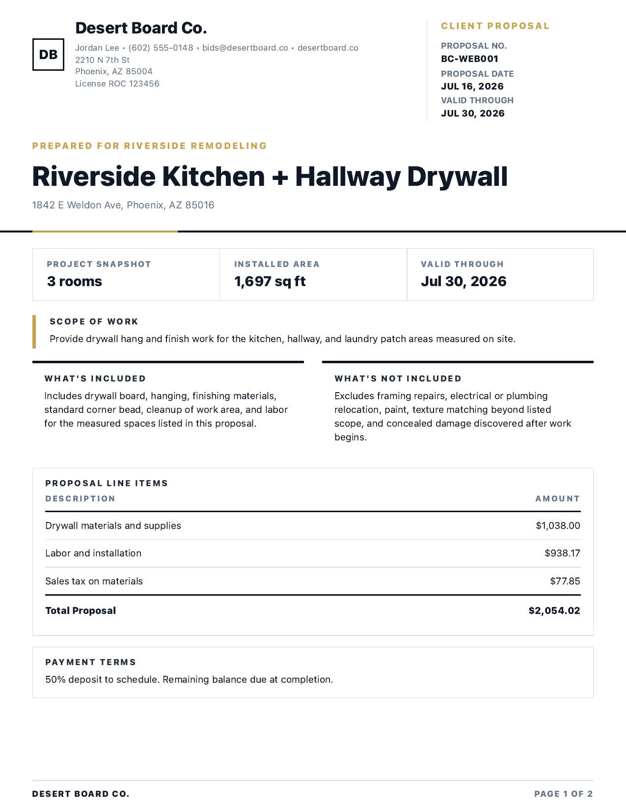 Sample BoardCount client proposal with company letterhead, project scope, line items, payment terms, and a clear total