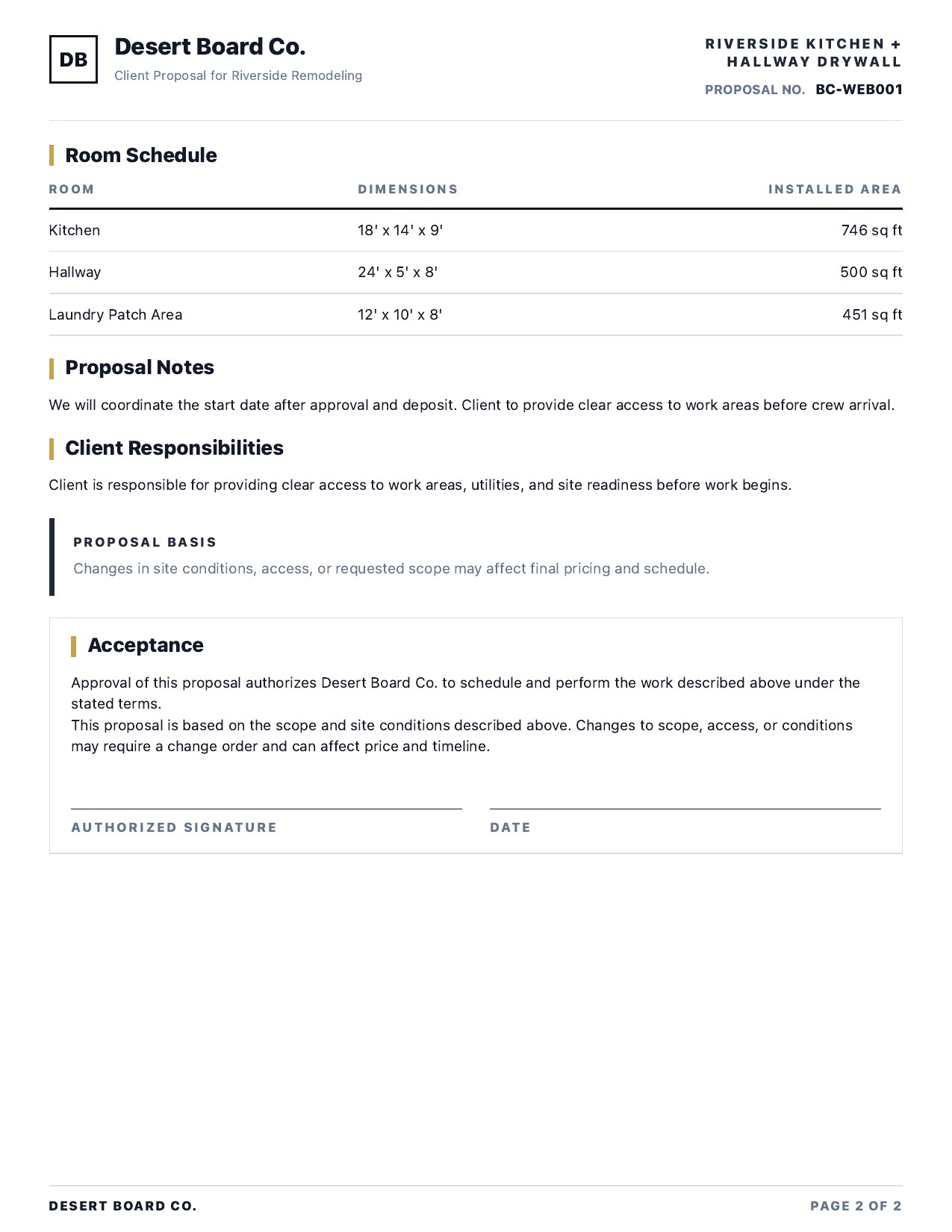 Sample proposal page two with room schedule, proposal notes, client responsibilities, and acceptance signature lines