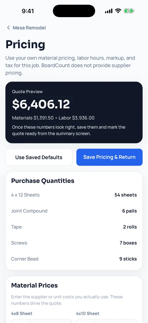 BoardCount pricing screen showing material and labor quote preview