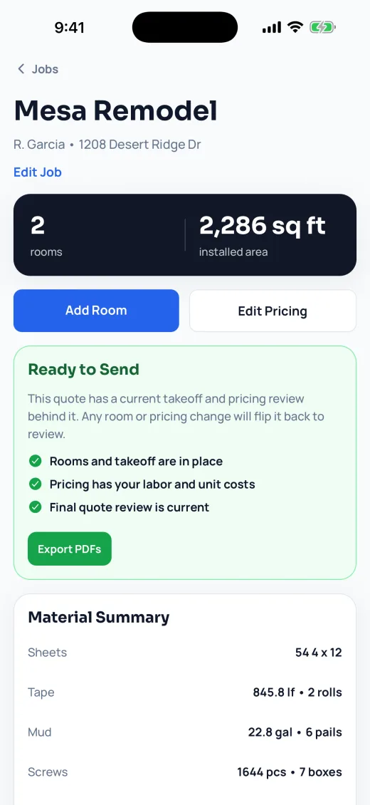 BoardCount job summary screen showing quote readiness